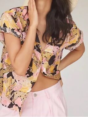 Maeve Cheetah Print Button-Up Linen Shirt sz M